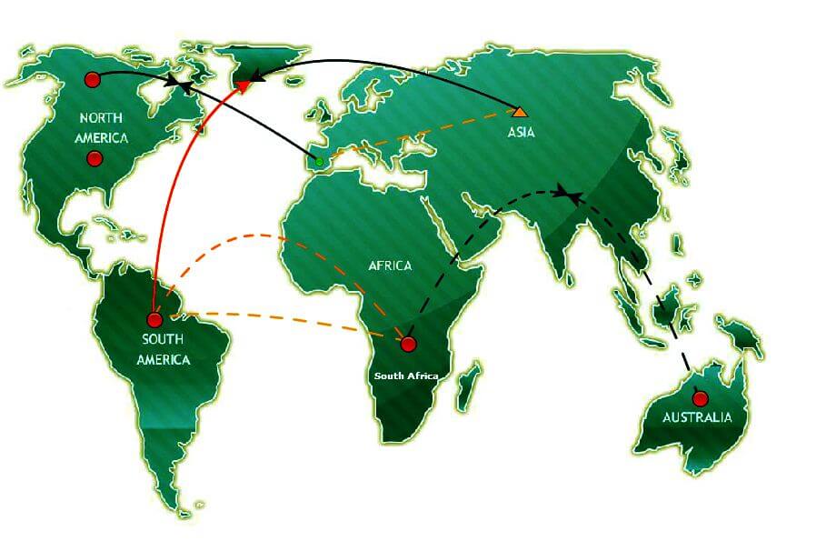 A world map featuring continents outlined in green, highlighting North America, South America, Africa, Asia, and Australia. Red dots mark each continent, and various colored arrows indicate connections between them.